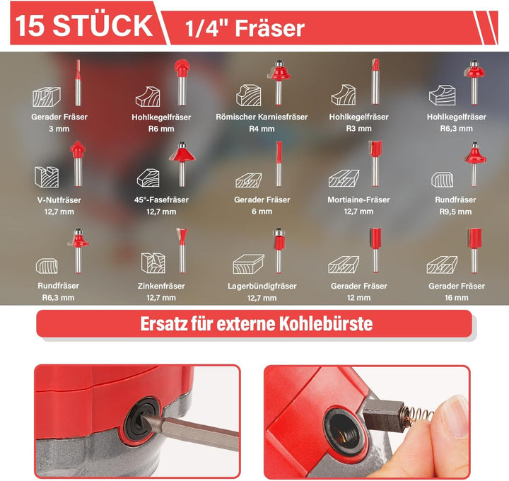 TEENO Holzfräse Oberfräse 710W 13000–33000 U/min mit Staubabsaugungsanschluss, Elektrik Kantenfräse