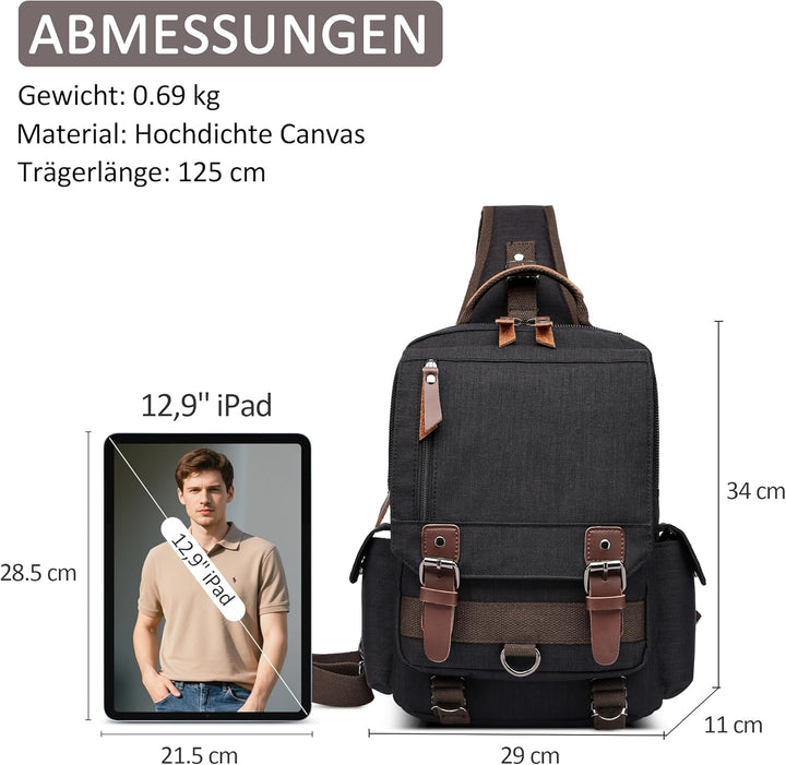 DORRISO Brusttasche Herren Mode Grosse Kapazität Schultertasche für 10,9 Zoll iPad mit Griff Mehrere