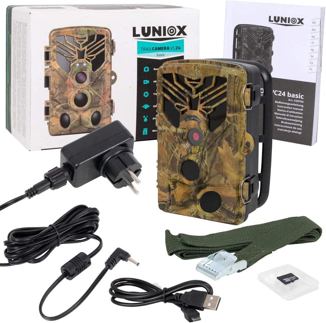 LUNIOX Wildkamera VC24 Basic, Fotofalle 24MP + HD Video, inkl. 16GB SD Karte + Netzadapter