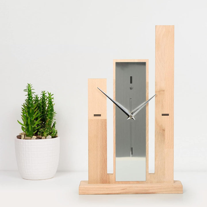 Kreative Feder Designer-STANDUHR „Stairs“ aus Massivholz – analoge TISCHUHR ohne Tickgeräusche (leis