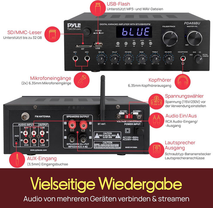 Pyle HiFi- Verstärker, 200W – 2.0 Kanal Audio Receiver mit USB/SD/FM und Mikrofon Eingang, Kabellose