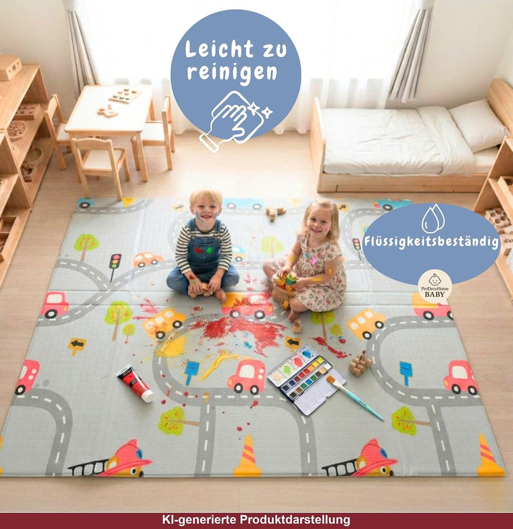 Krabbelmatte Baby, faltbar, doppelseitig, 150x180cm Dinosaurier und Autos | Kinder Spieldecke, Rutsc