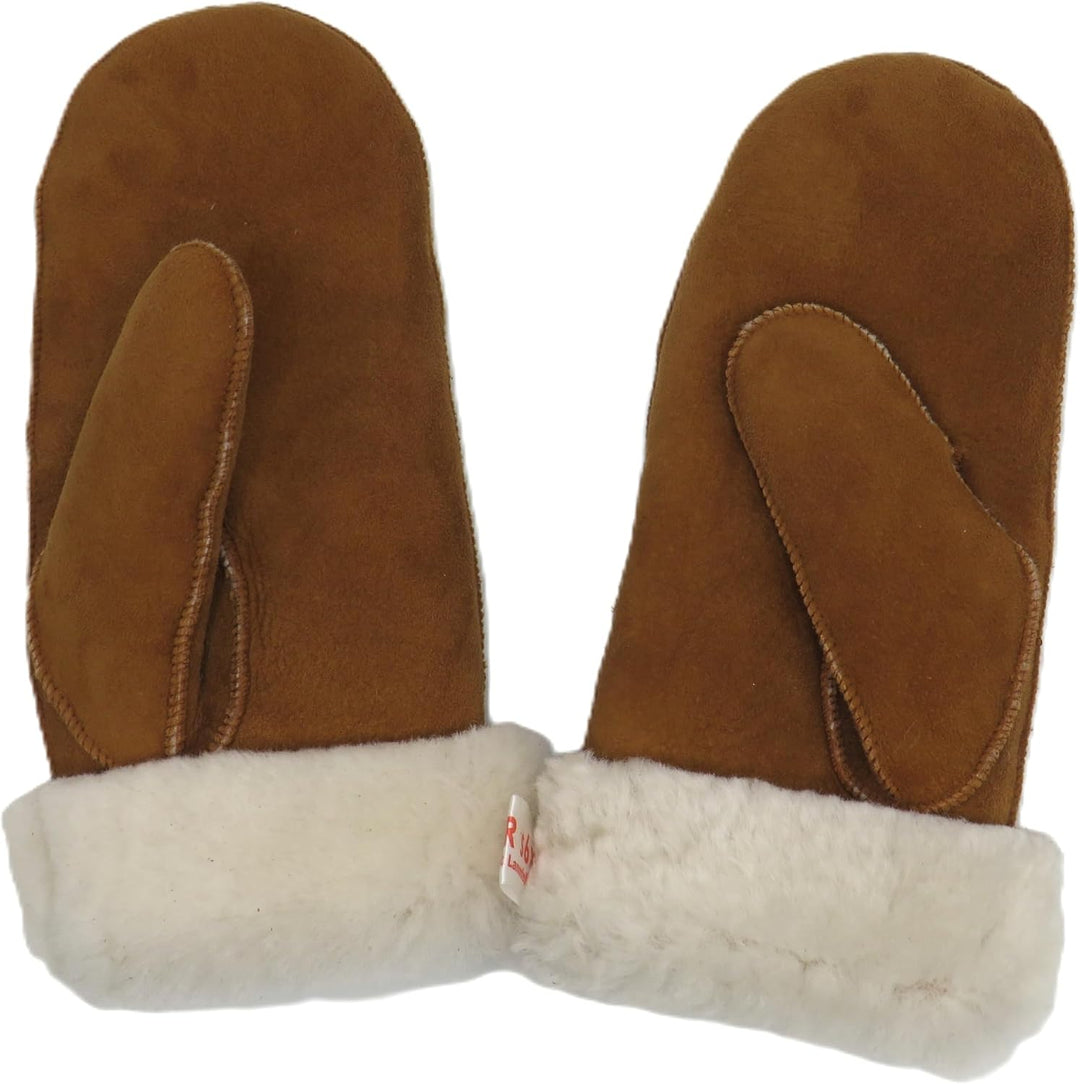 Lammfell Handschuhe Fäustlinge, Fausthandschuhe aus Merino Lammfell, Cognac - braun - olive, Damen -