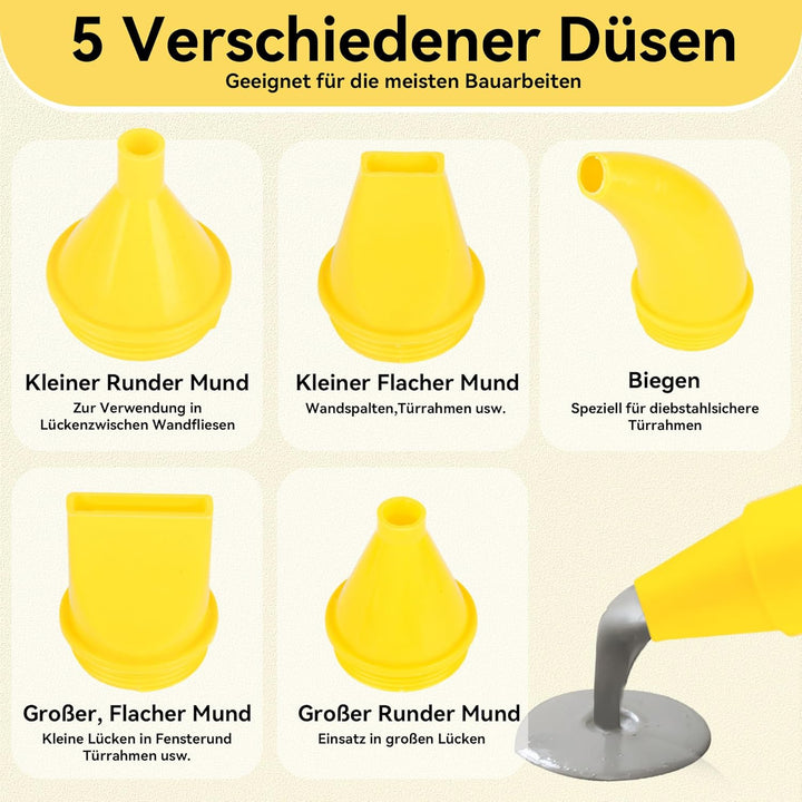Edelstahl Mörtelspritze mit 5 Düsen, Einfach zu bedienendes Set mit Düsen, Ersatz-Dichtkopf & Handsc