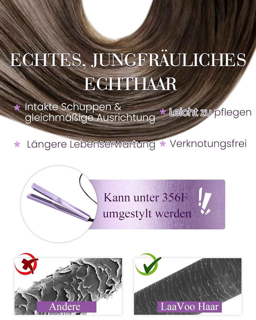 LaaVoo Microring Extensions Echthaar Braun 45cm Remy Haarverlängerung Microrings Echthaar Ombre Dunk