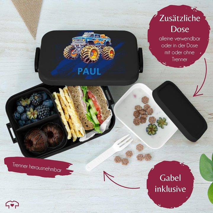 Kinder Bento Box Midi für Mepal Bentobox - Auto - Lunchbox Monstertruck mit Name Brotbox Monster Tru