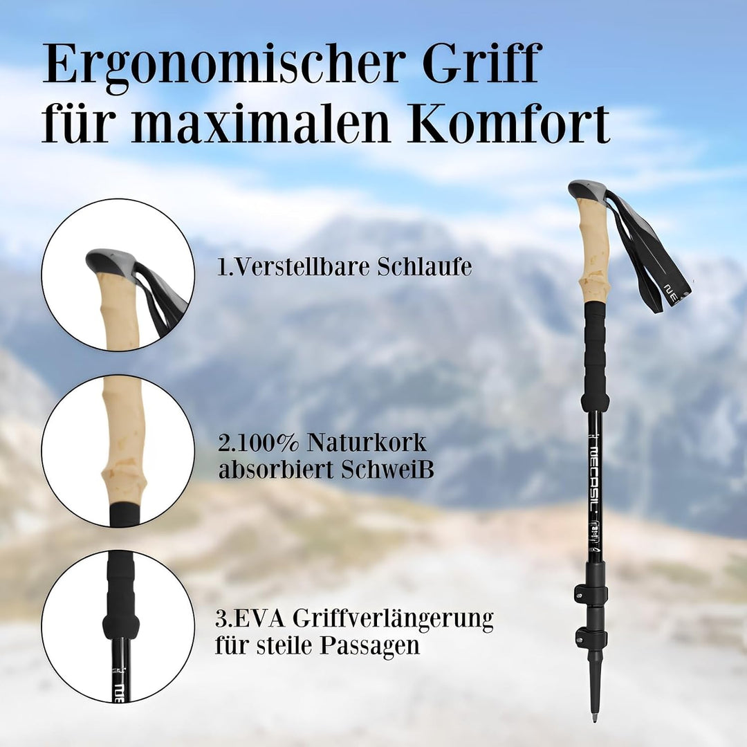 Teleskop Wanderstöcke faltbar (Aluminium) - 2er Set Ultraleicht 62-135cm verstellbar mit Korkgriff |