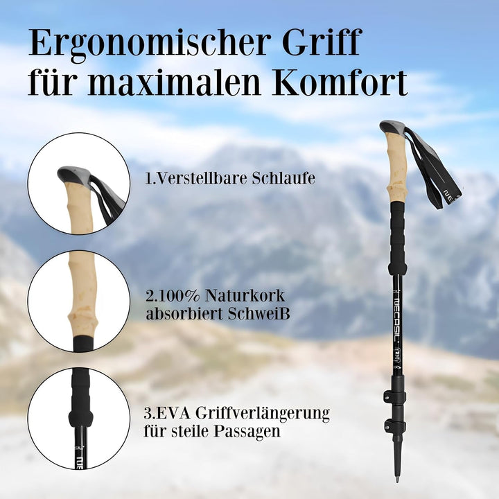Teleskop Wanderstöcke faltbar (Aluminium) - 2er Set Ultraleicht 62-135cm verstellbar mit Korkgriff |