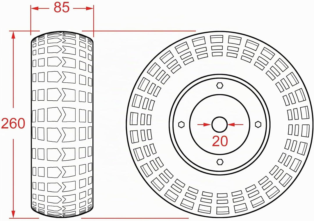 Luftrad 260x85mm für Anhänger Stützrad, Metallfelge