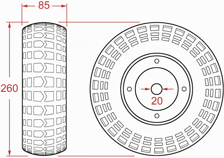 Luftrad 260x85mm für Anhänger Stützrad, Metallfelge