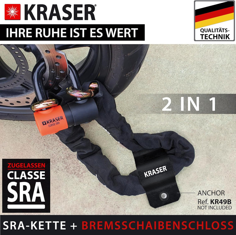 KRASER KR50150 Kettenschloss Schloss Motorrad-Scheibensperre gegen Diebstahl Mini U ø18 + Kette 150