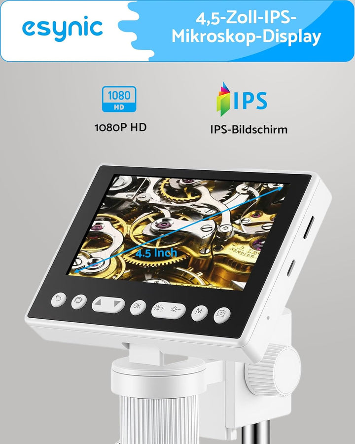 eSynic USB Mikroskop 4,5 Zoll IPS Bildschirm, 1000x Vergrösserung, 2 Schwanenhalogenleuchten, 32GB S