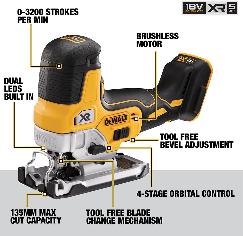 Dewalt 18V Akku-Pendelhubstichsäge DCS335NT (bürstenlos, verstellbarer Alu-Druckguss-Sägeschuh, 3-fa