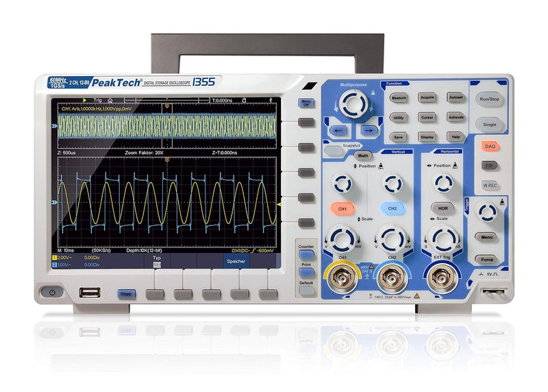 PeakTech 1355 – 2-Kanal Speicher-Oszilloskop 60 MHz - Max. 1 GS/S und 12-Bit A/D - mit USB, Lan Schn