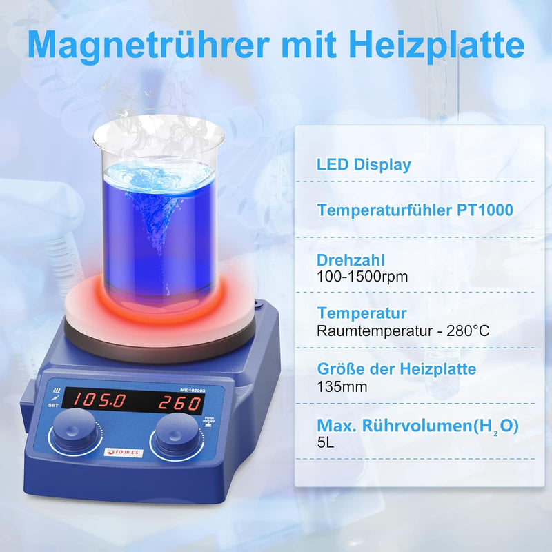 Labor Magnetrührer Heizplatte 135mm 100-1500rpm 280°C 5L LED-Display Magnetic Stirrer Mixer Magnetmi