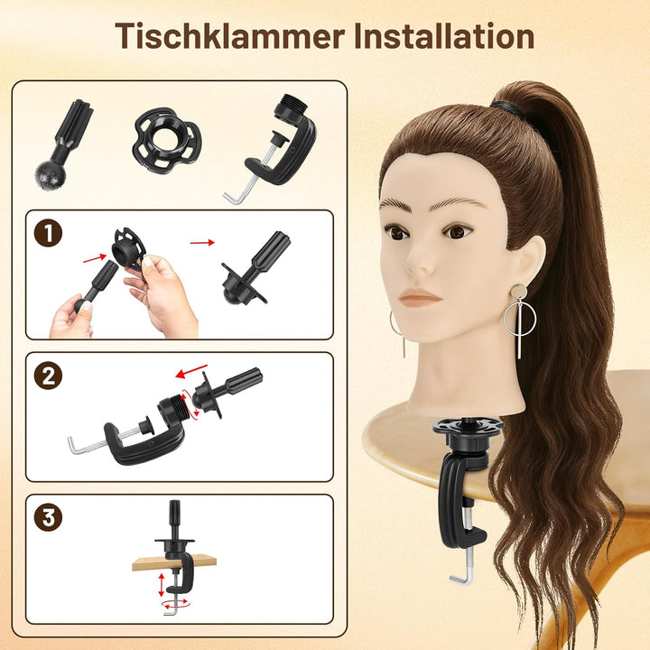 TwoWin Friseurkopf Echthaar mit Ohrlöchern, 60 cm (24 Zoll) 80% Haaren Mannequin Frisierkopf, Traini