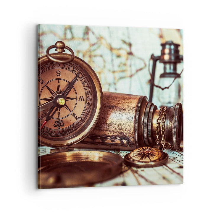 Bilder auf Leinwand Kompass Teleskop Abenteuer antik Leinwandbild 60x60cm Wandbilder Dekoration Wohn