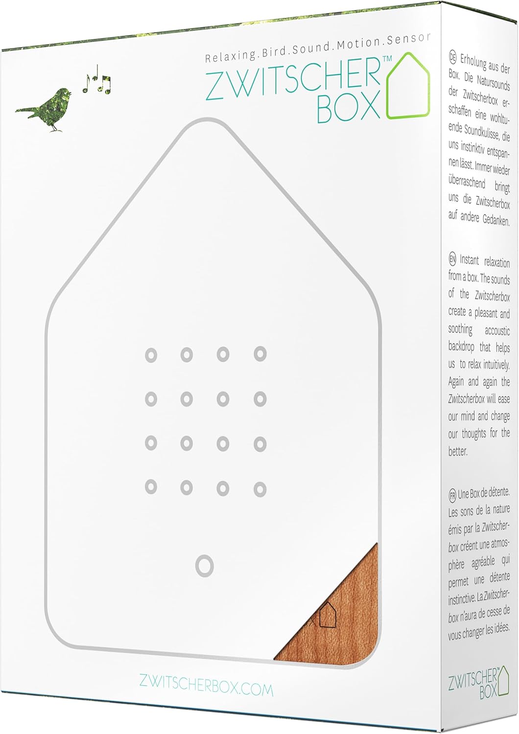 RELAXOUND ORIGINAL Zwitscherbox "Cherry" – Moderne Vogelgezwitscher Box mit Vollholzfront – Entspann