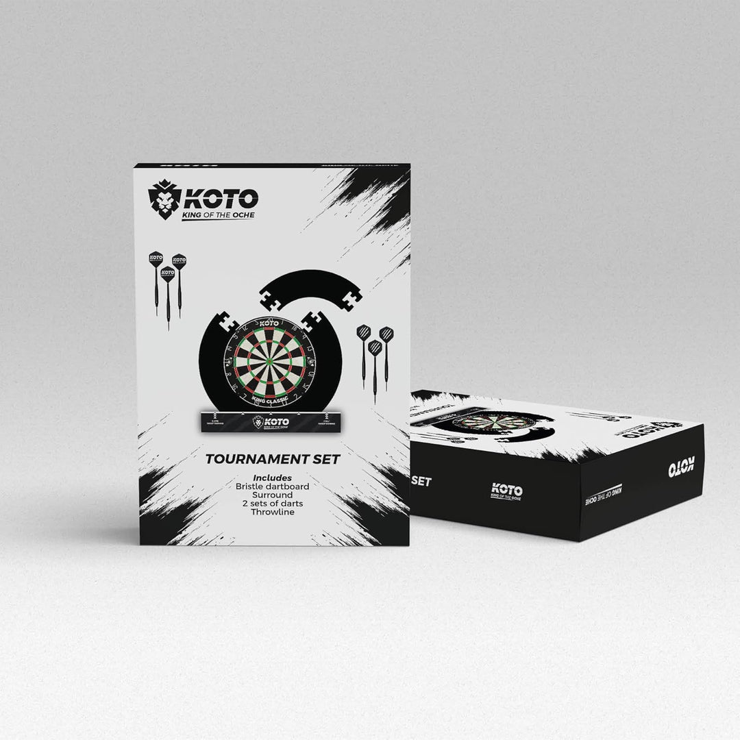 KOTO - Tournament Set Schwarz (Offizielle Masse) Bristle Dartboard, inkl. 4 STK. Surround, 2 Sätze 2