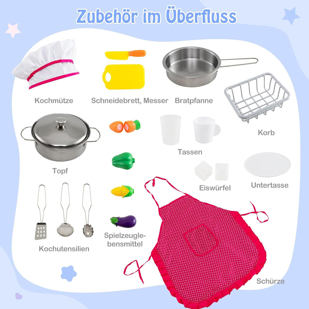 DREAMADE Kinderküche aus Holz mit 18 TLG. Zubehör, Spielküche mit Licht und Sound, Herd, Spüle, Kühl