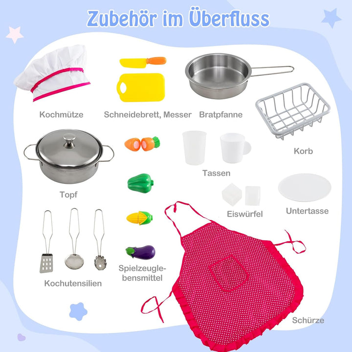 DREAMADE Kinderküche aus Holz mit 18 TLG. Zubehör, Spielküche mit Licht und Sound, Herd, Spüle, Kühl
