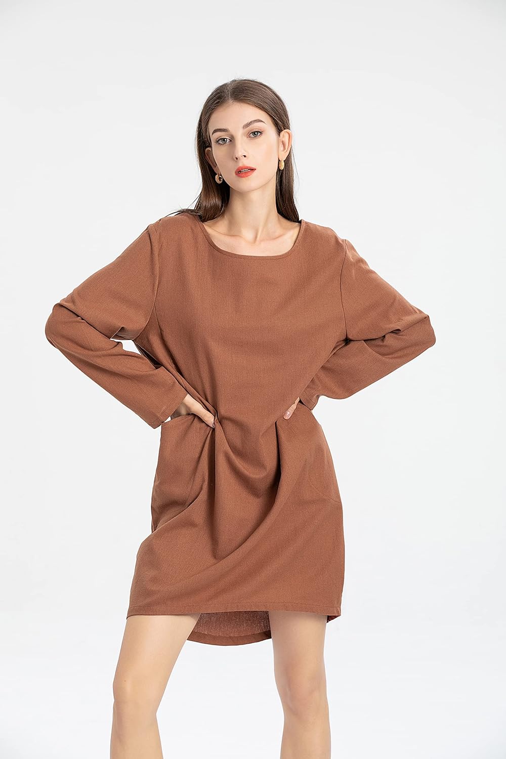 FTCayanz Damen T-Shirt Tunika Kleid Langes Leinenkleider Elegant Langarm Blusenkleid Mini Kleider L
