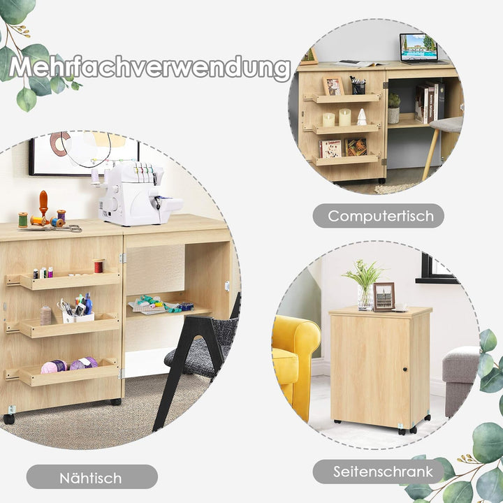 COSTWAY 2 in 1 Nähschrank & Schreibtisch klappbar, Nähtisch aus Holz mit 3 Einlegeböden für Spulen &