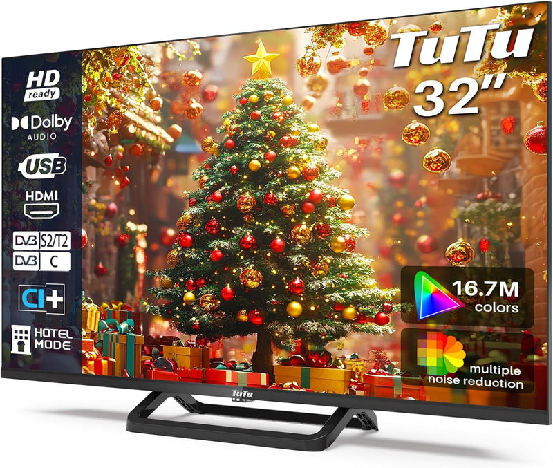 TuTu 32 Zoll TV Fernseher (80cm) LED HD Ready Dolby Audio Triple Tuner (DVB-T/T2-C-S/S2) HDMI USB-Me