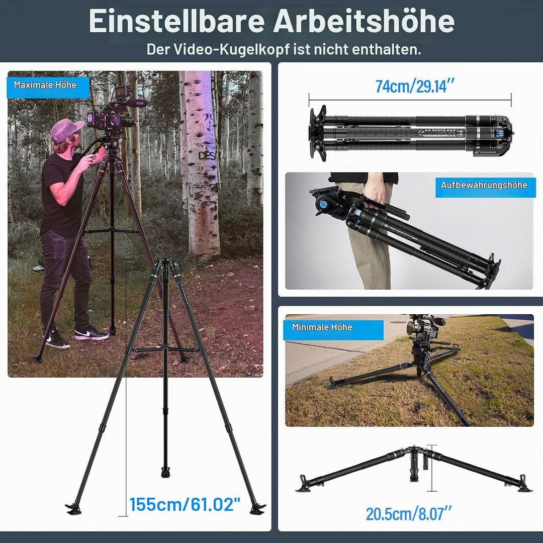 SIRUI SVS75 Rapid System Videostativ, Carbonfaser Stativ 155cm mit einstufiger Höhenverstellung, Mit