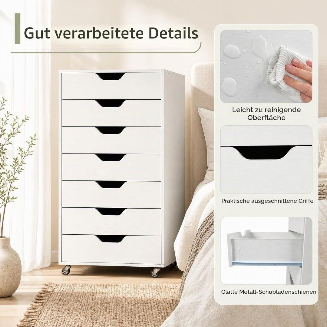 GIANTEX Rollcontainer mit 7 Schubladen, Aktenschrank mit Rollen, Schubladenschrank Holz, Druckertisc