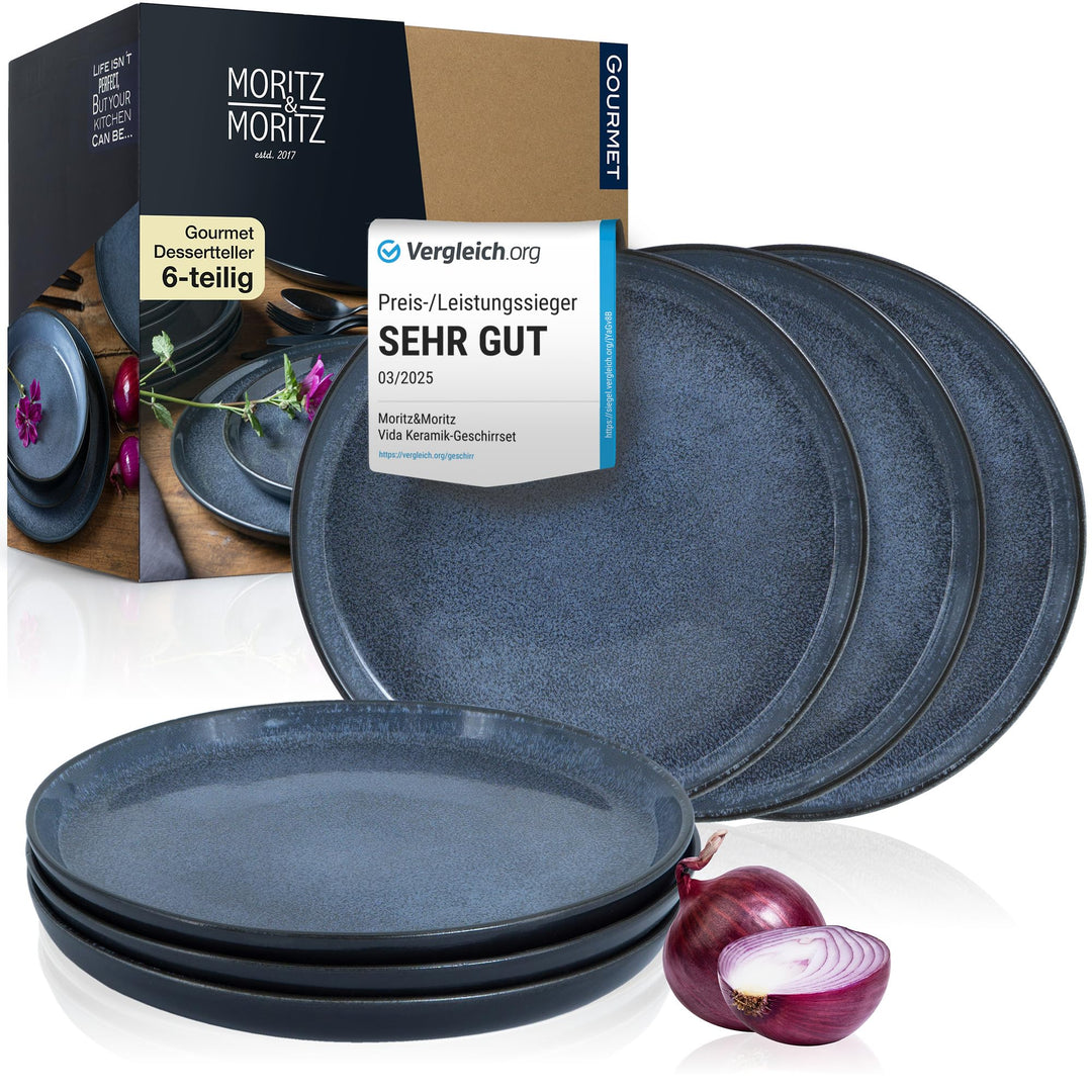 Moritz & Moritz VIDA 6er Dessert Teller Set blau - Kuchenteller für 6 Personen - Porzellan spülmasch
