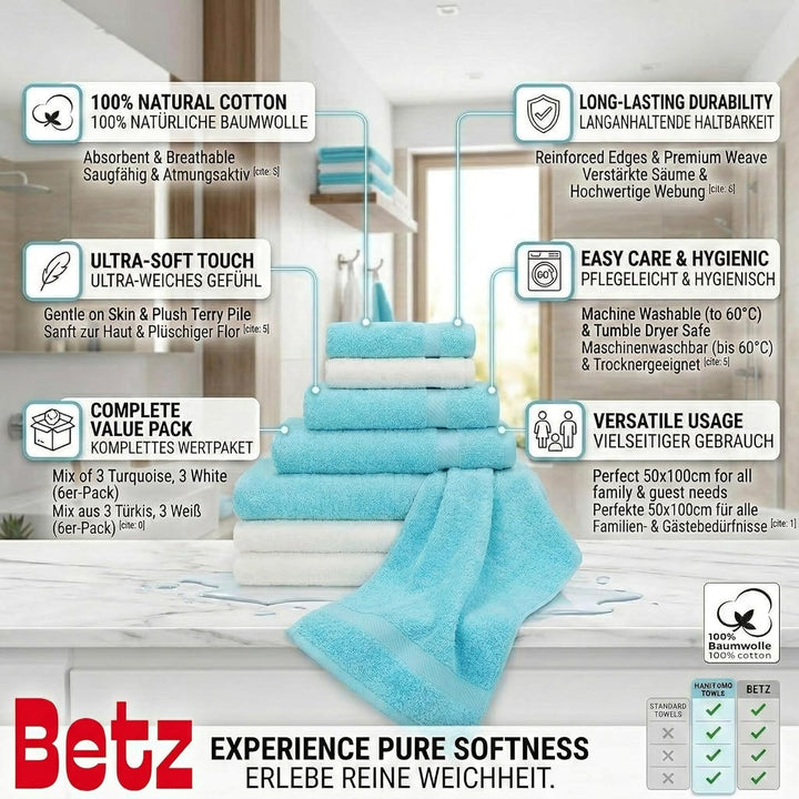 Betz 6 Stück Handtücher Palermo 100% Baumwolle Grösse 50 x 100 cm Handtuch Set Farbe weiss und türki