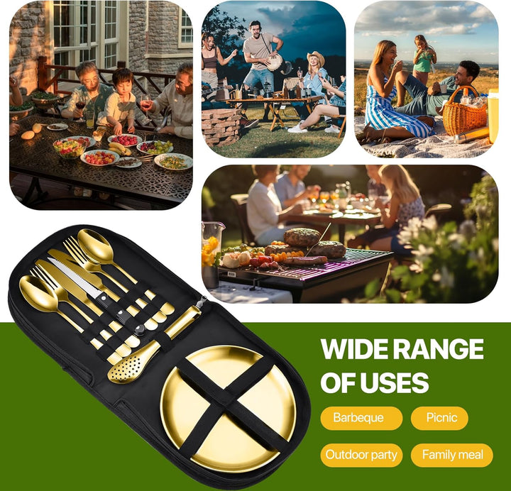 Tragbares Camping-Geschirr-Set, 13-teilig, 2 Personen, Edelstahl, für Outdoor, Camping, Picknick Gol