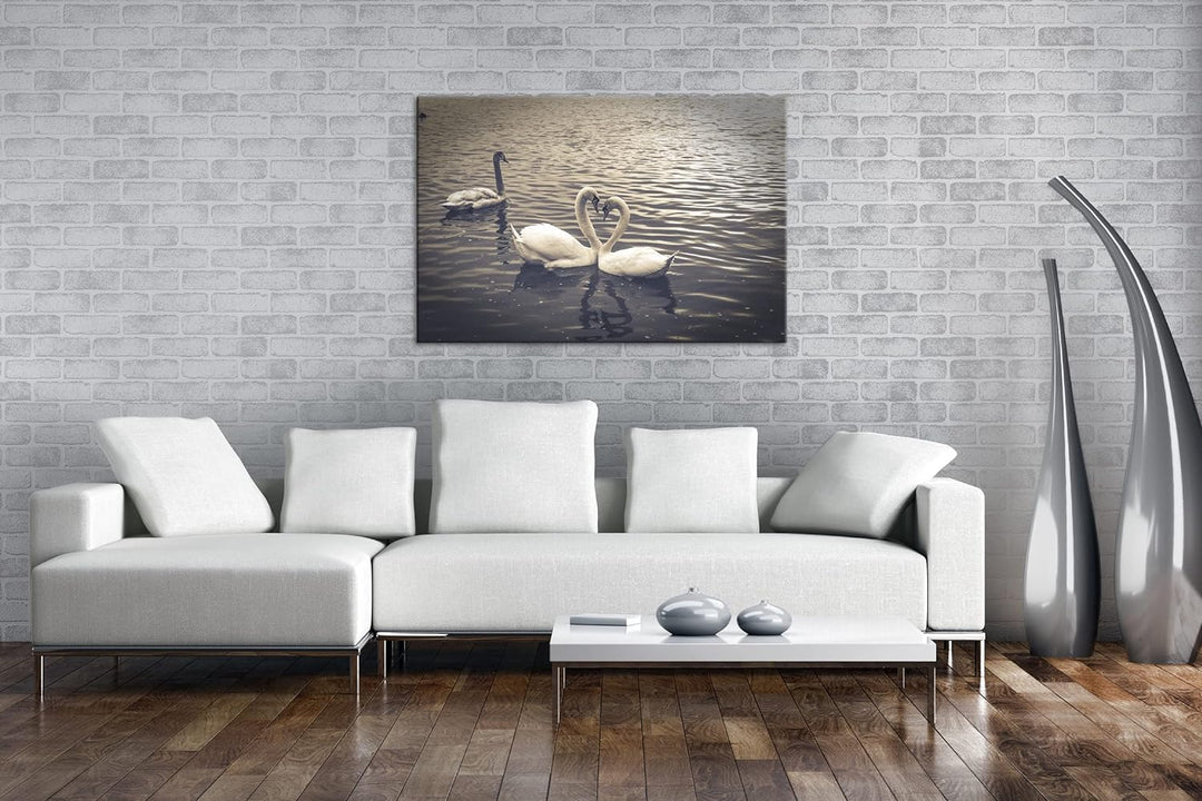 deyoli liebende Schwäne formen ein Herz Format: 100x70 als Leinwand, Motiv fertig gerahmt auf Echtho