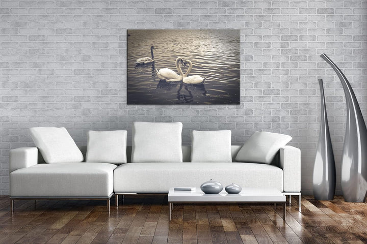 deyoli liebende Schwäne formen ein Herz Format: 100x70 als Leinwand, Motiv fertig gerahmt auf Echtho