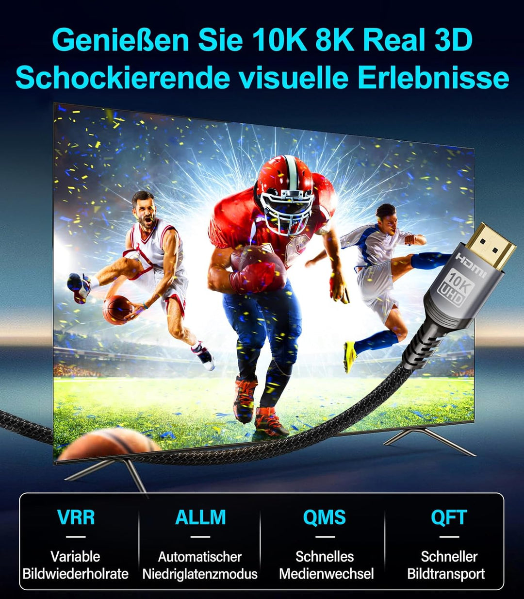 Sniokco 10K 8K 4K HDMI 2.1 Kabel 2.5Meter Zertifiziert 48Gbps High Speed | Unterstützung 0.01ms 4K 2