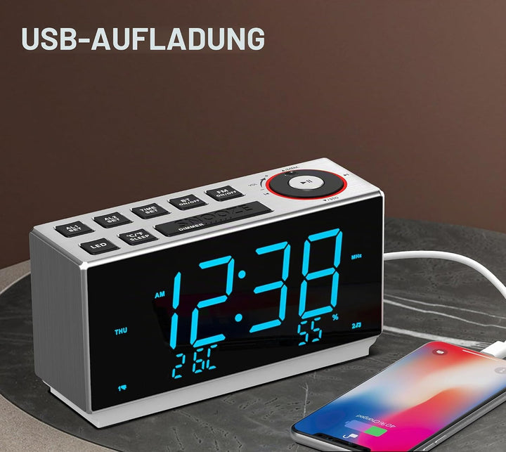 iTOMA Wecker mit FM-Radio, USB-Aufladung, 1.8'' Ice Blue LED-Anzeige, Nachtlicht, Dual Alarm, Snooze