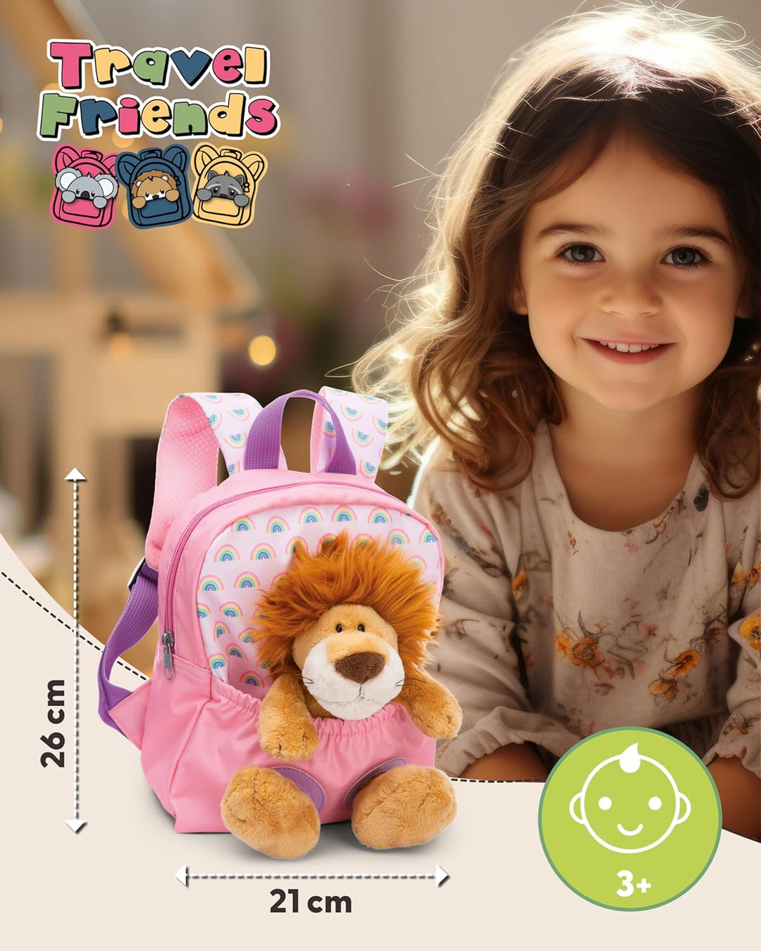 NICI Kinderrucksack rosa 2 in 1 mit Kuscheltier Löwe 25cm - Kindergartenrucksack Mädchen & Jungen -