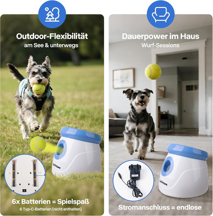 Pet Prime Automatische Ballwurfmaschine für Hunde mit 3 Distanzen (3m-9m) Inkl. 3 Robusten Tennisbäl