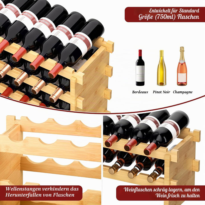 VASMIA Bambus-Weinregal Stapelbar, Freistehendes 72-Flaschen-Weinregal, Ohne Werkzeug Montage, 8-Ebe