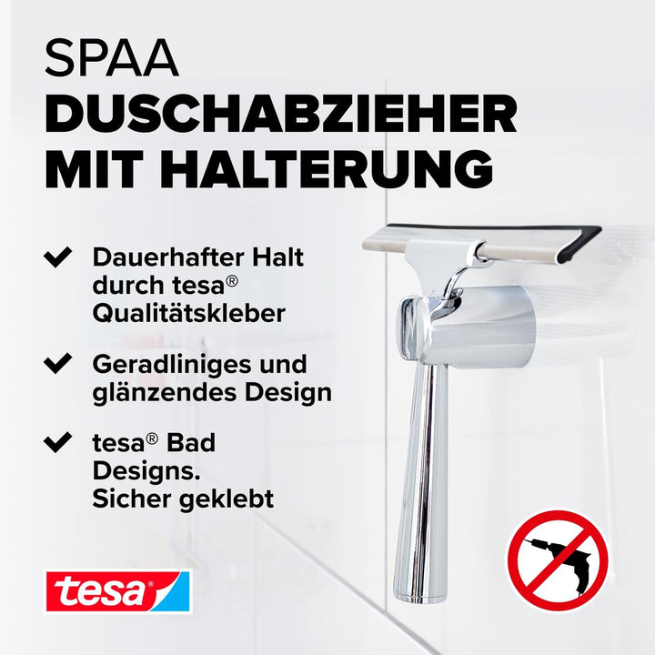 tesa SPAA Duschwischer, verchromt, rostfrei, inkl. Halterung und Klebelösung, weiche Gummilippe, 175