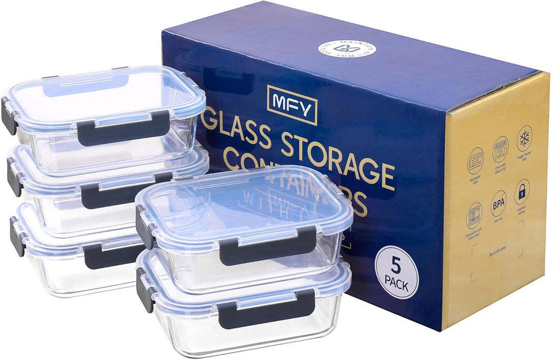 MFY 5er-Set 1040ml Meal Prep Boxen Glas Frischhaltedosen Glas mit Deckel, Glasbehälter mit Deckel Se