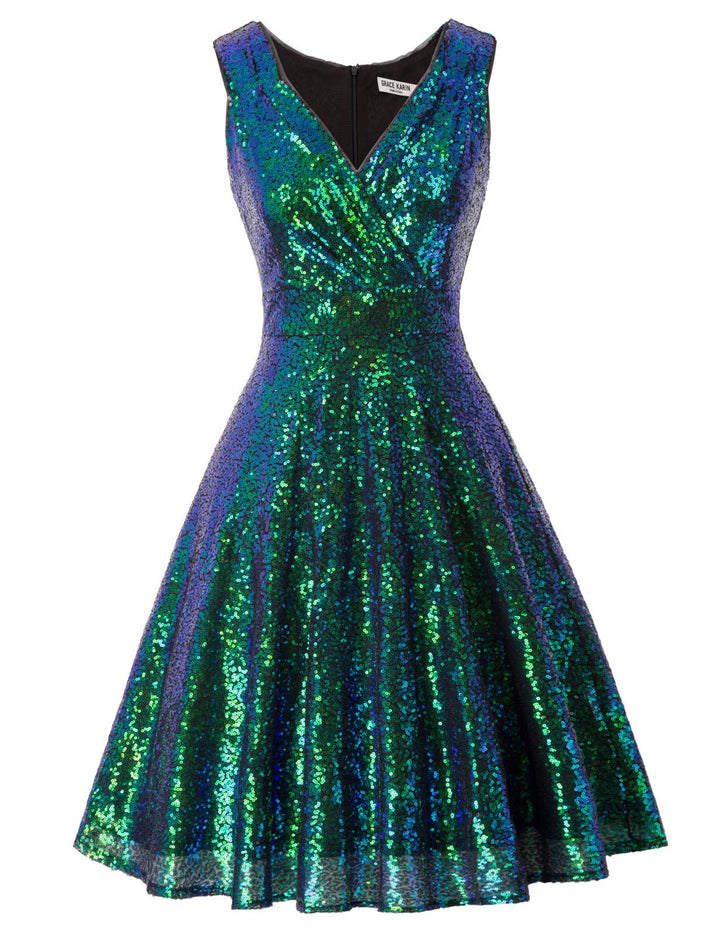 GRACE KARIN Damen Perlen Kleid Knielang Rockabilly Retro Kleider Faltenrock CL061 M Cl1061-8, M Cl10