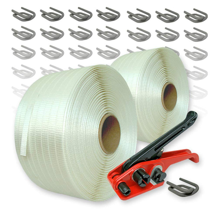 VEMATEC 2 Rollen Umreifungsset gewebt, 19 mm - 2 x 600 m Umreifungsband mit Bandspanner und phosphat