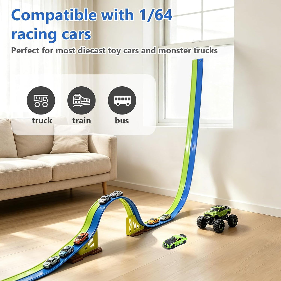 Flexible Autorennbahn Kinder 5 Meter Rennbahn Rennstrecke Auto Spielzeug mit 4 Spielzeugautos 2 Ramp