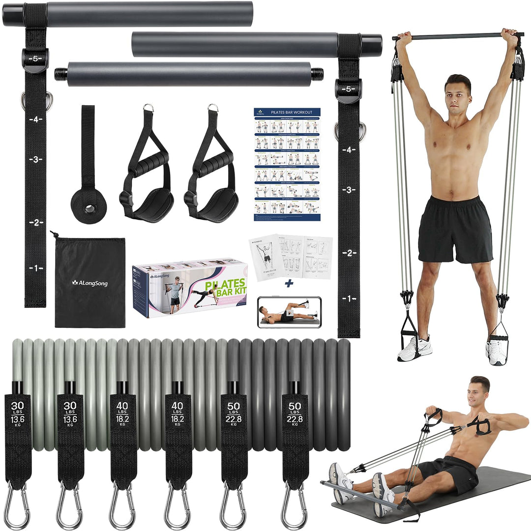 ALongSong Fitnessbänder Set mit 6 Widerstandsbänder 20-180Lbs oder 20-240Lbs & Pilates-Stange, Griff