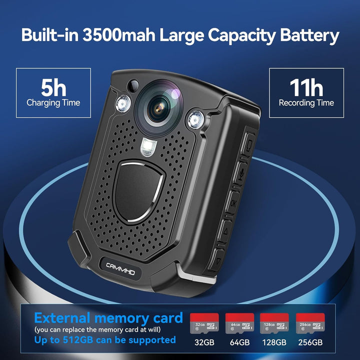 CAMMHD W1 HD 3840 * 2160P Body Cam, 10–12 Stunden Videoaufzeichnung, IP68 wasserdicht, H.265-Videoco