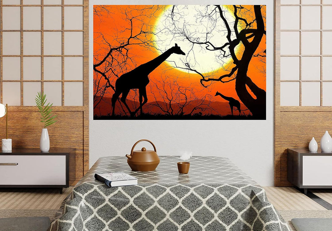 Leinwandbilder mit Giraffen, Bäume und Sonne, gerahmt, Wandkunst, Heimbüro, Arbeitsposter, Kunstwerk