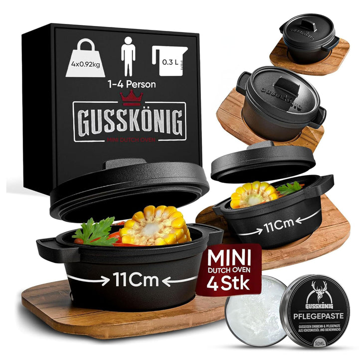 Dutch Oven Set Mini mit Holz-Untersetzer – 4x 300 ml Gusseisen Mini Topf mit Deckel–eingebrannter Mi