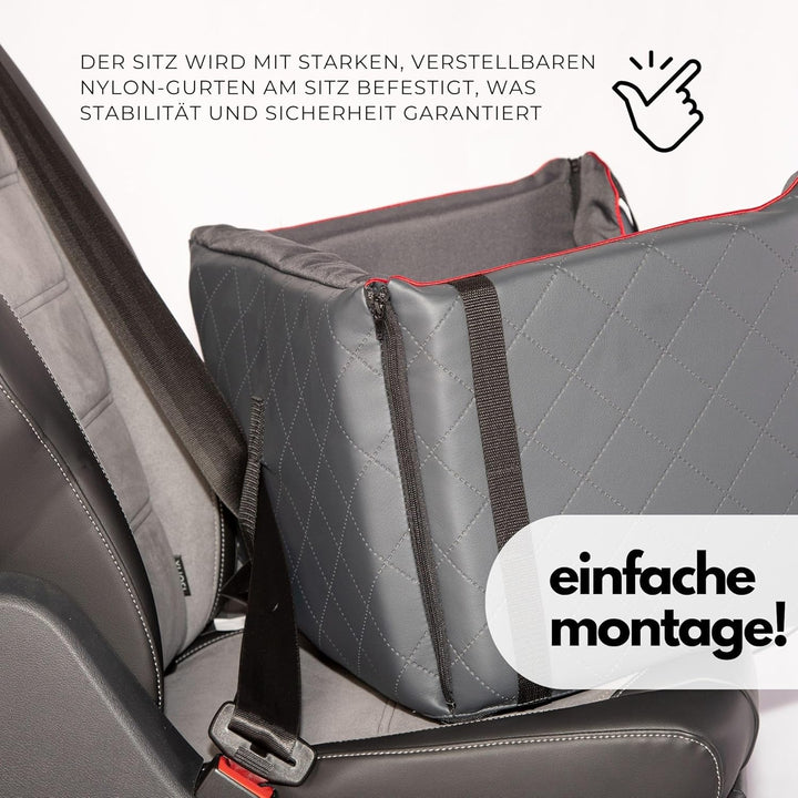 Golden Dog - Transportbox Hund mit Sicherheitsgurt L-65x53x27 cm - Leder Imitation Autositz Hund, Wa